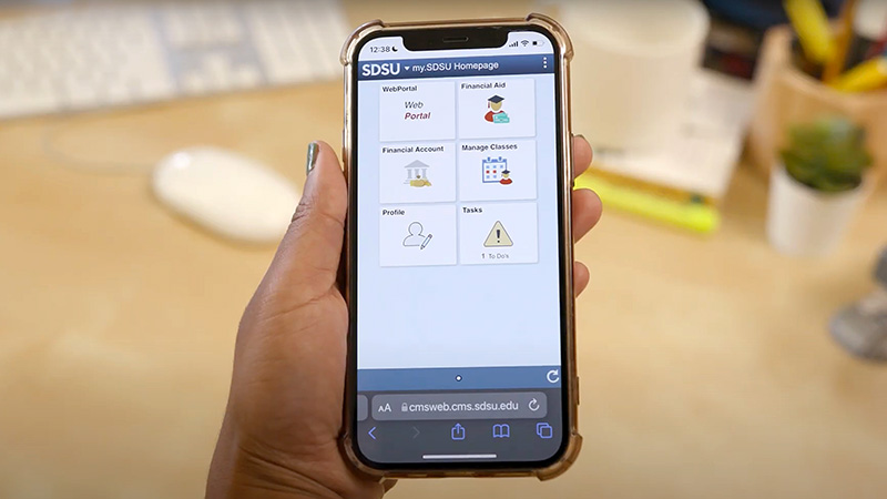 A smartphone displays the my.SDSU home screen